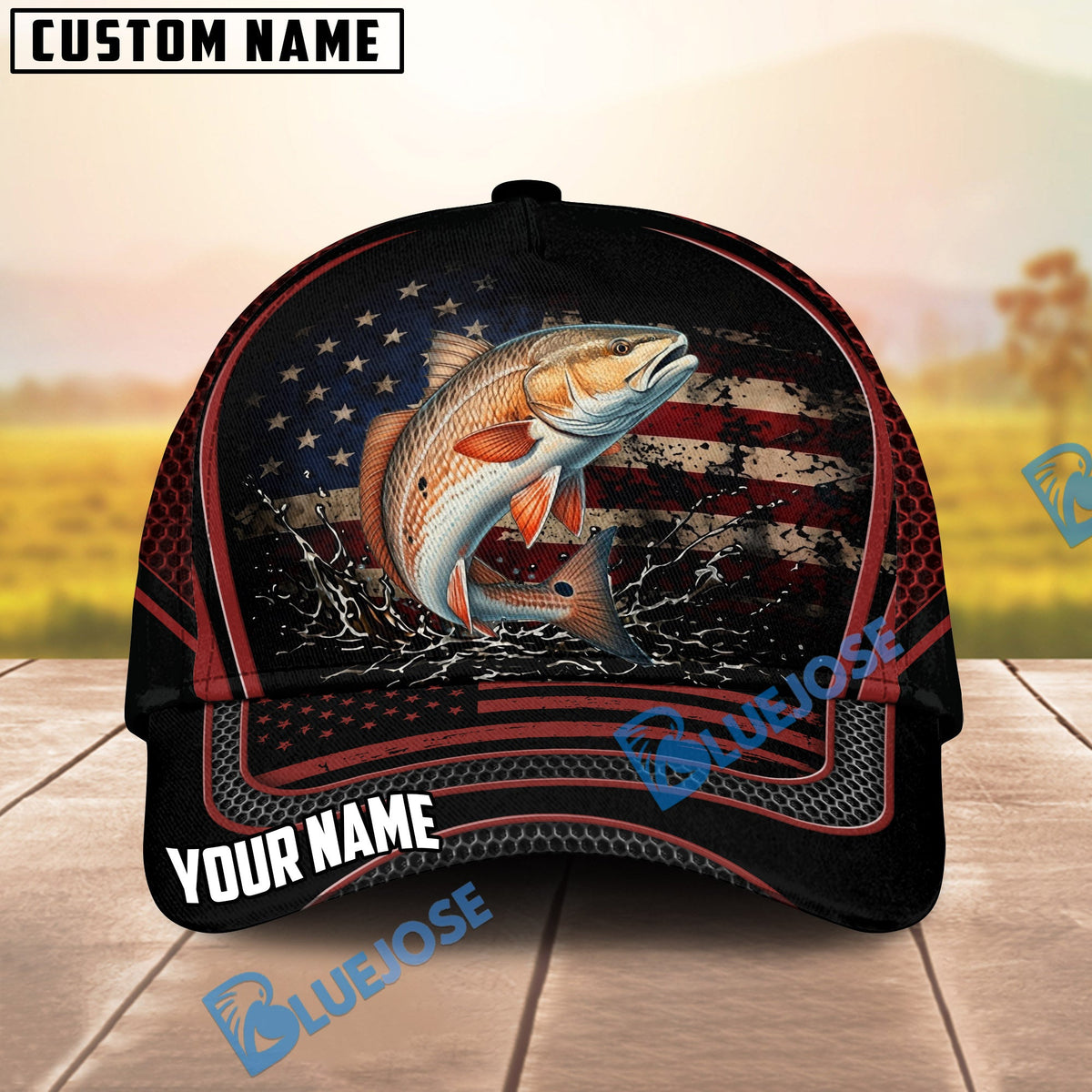BlueJose Fishing American Flag Black Red Personalized Cap (13 Breeds)