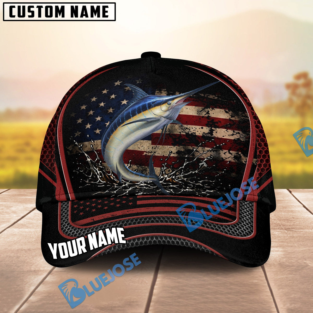 BlueJose Fishing American Flag Black Red Personalized Cap (13 Breeds)