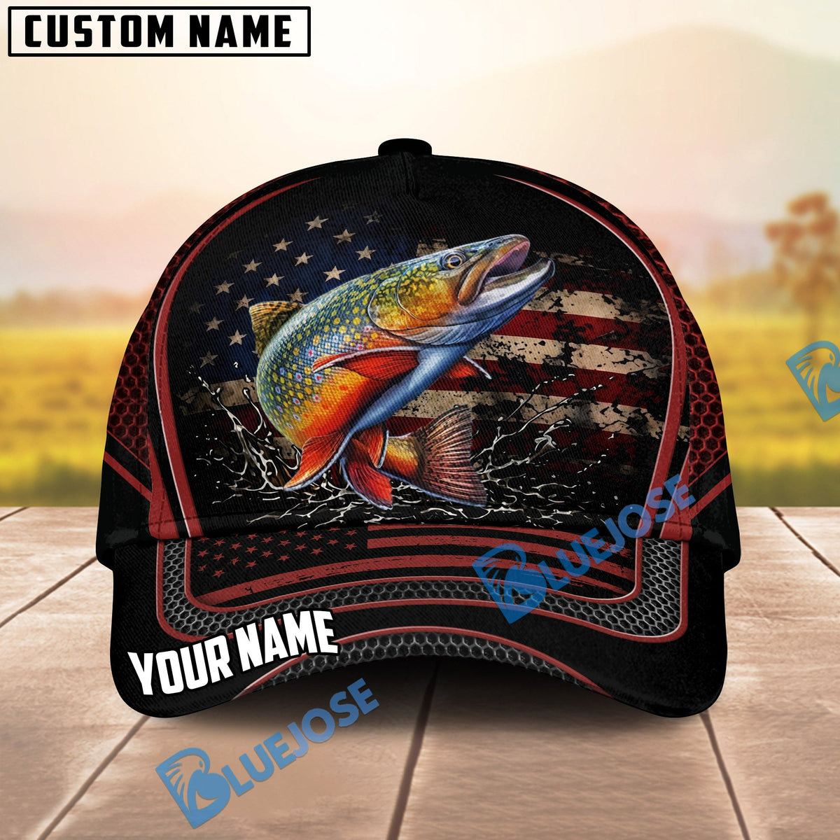 BlueJose Fishing American Flag Black Red Personalized Cap (13 Breeds)