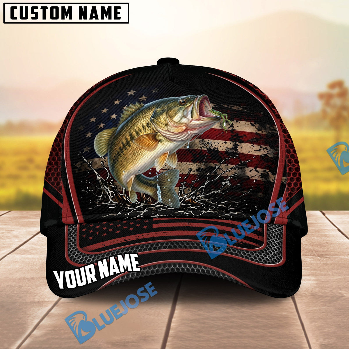 BlueJose Fishing American Flag Black Red Personalized Cap (13 Breeds)
