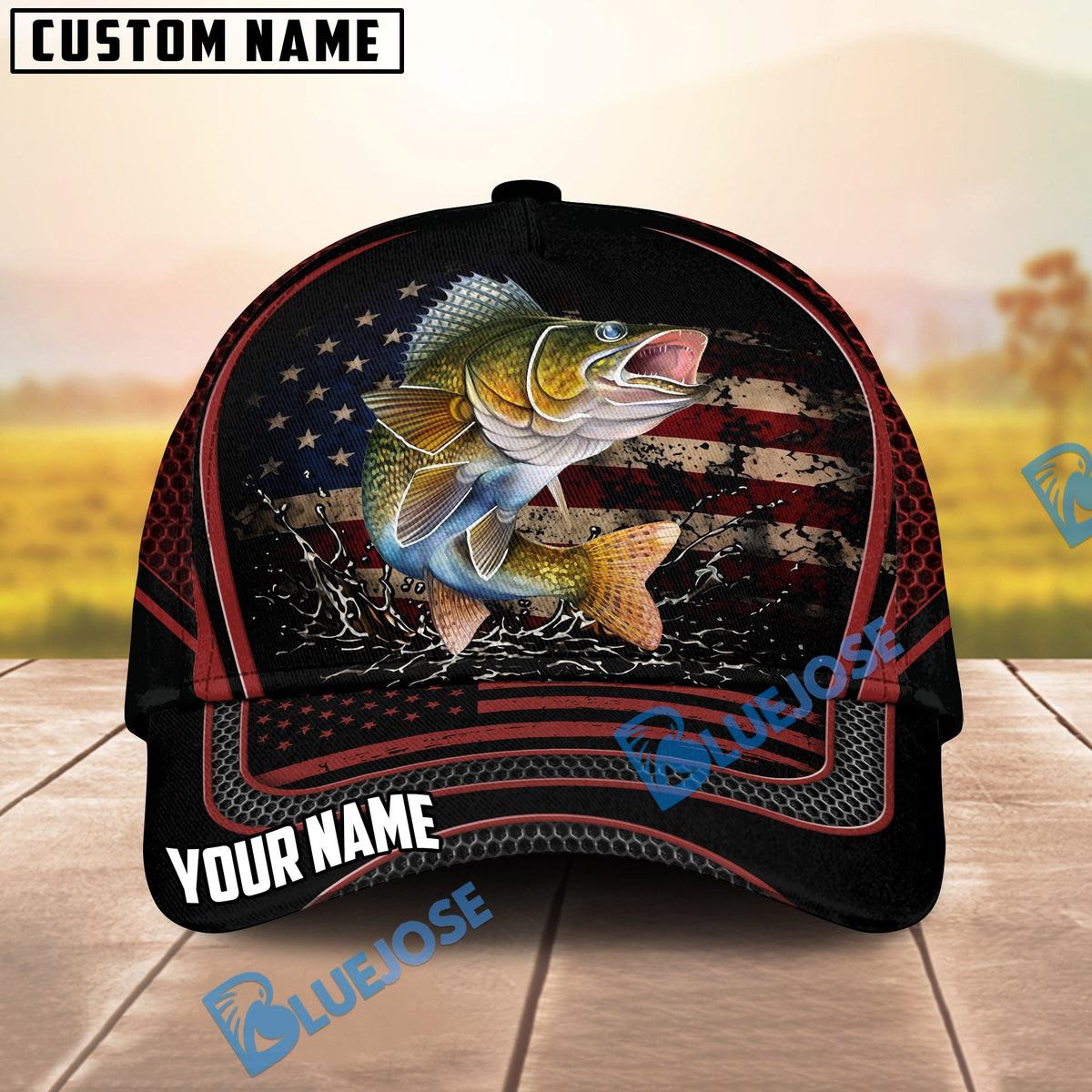 BlueJose Fishing American Flag Black Red Personalized Cap (13 Breeds)