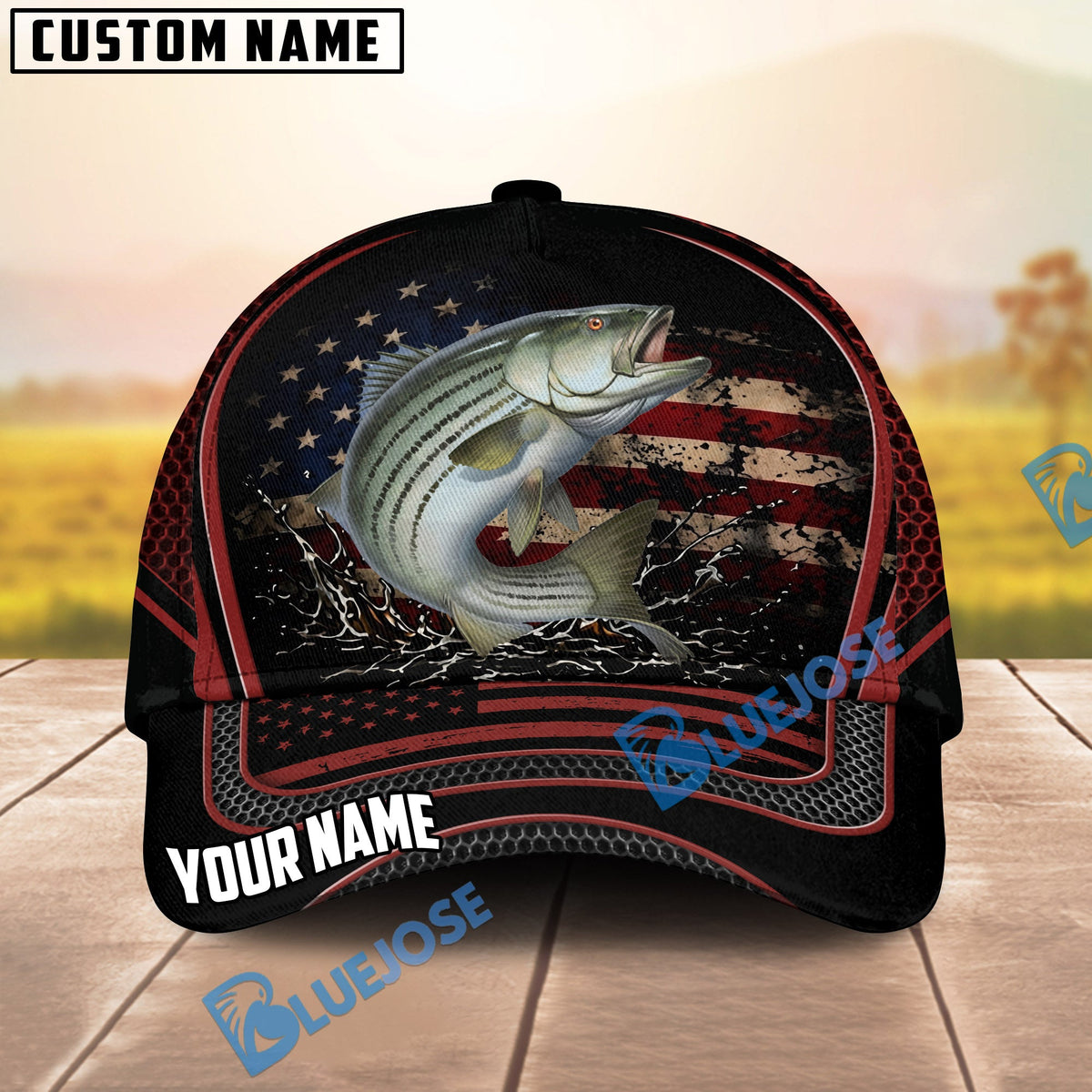 BlueJose Fishing American Flag Black Red Personalized Cap (13 Breeds)
