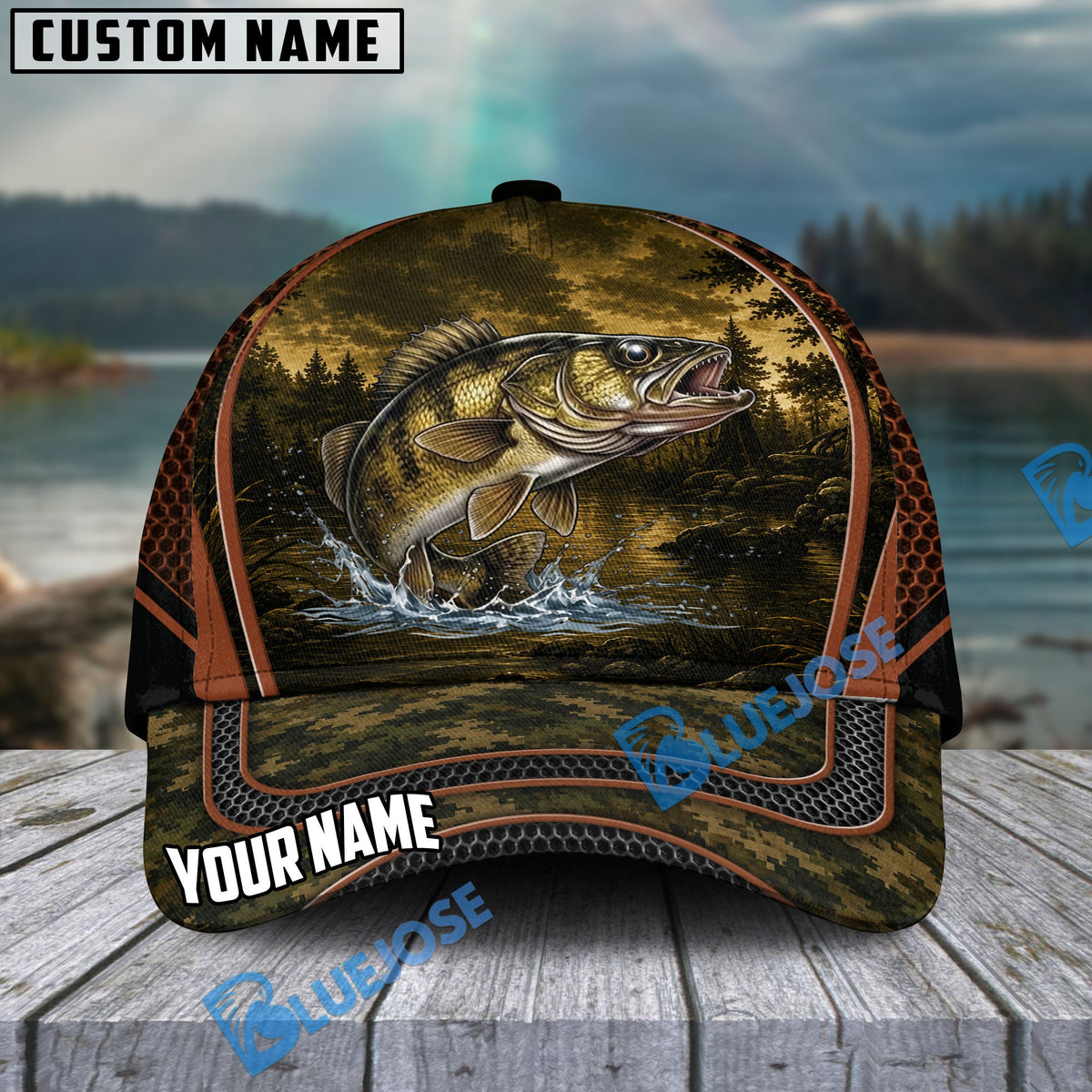 BlueJose Fishing Forest Camo Orange Trim Personalized Cap (13 Breeds)