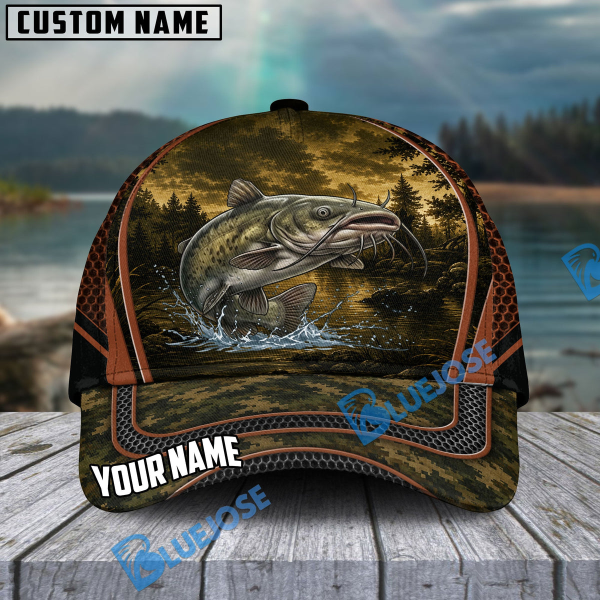 BlueJose Fishing Forest Camo Orange Trim Personalized Cap (13 Breeds)