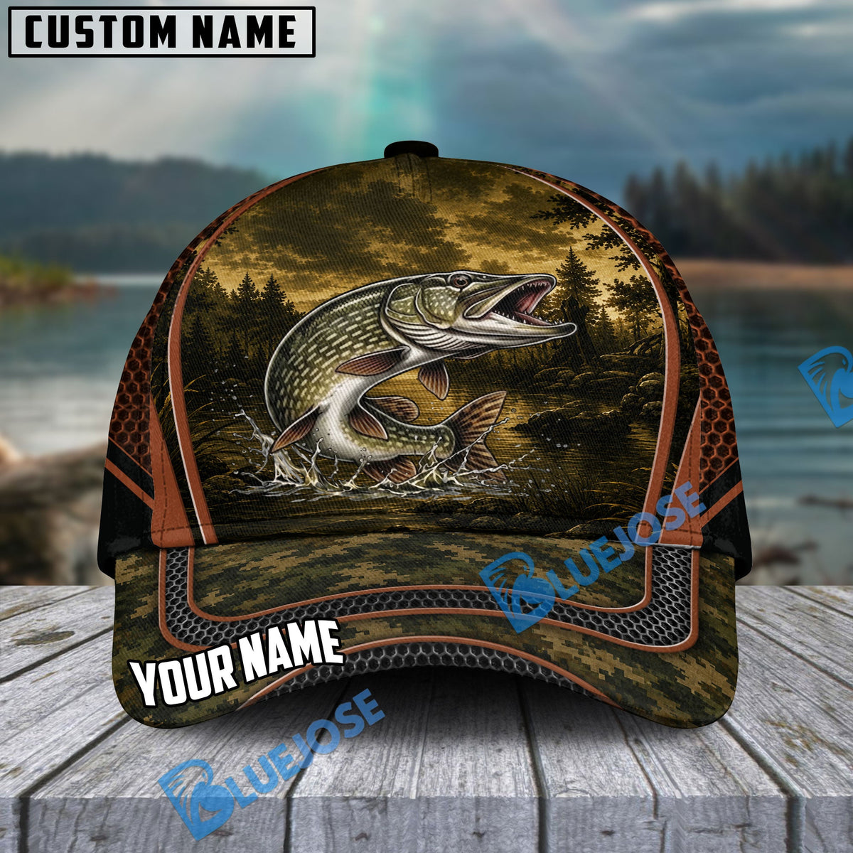 BlueJose Fishing Forest Camo Orange Trim Personalized Cap (13 Breeds)