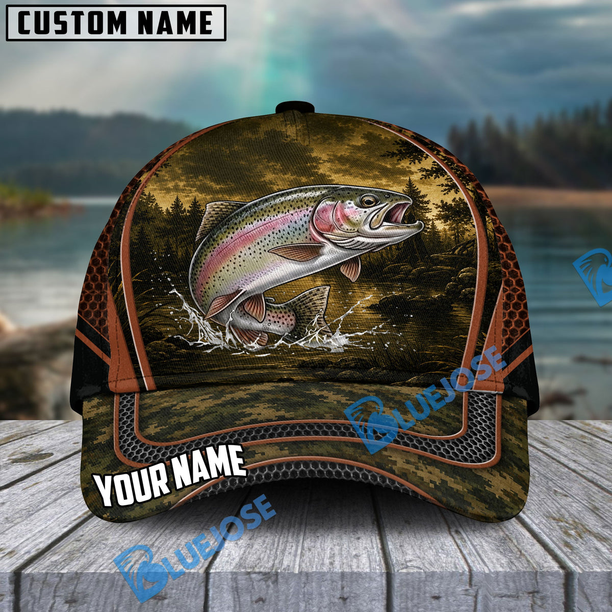 BlueJose Fishing Forest Camo Orange Trim Personalized Cap (13 Breeds)