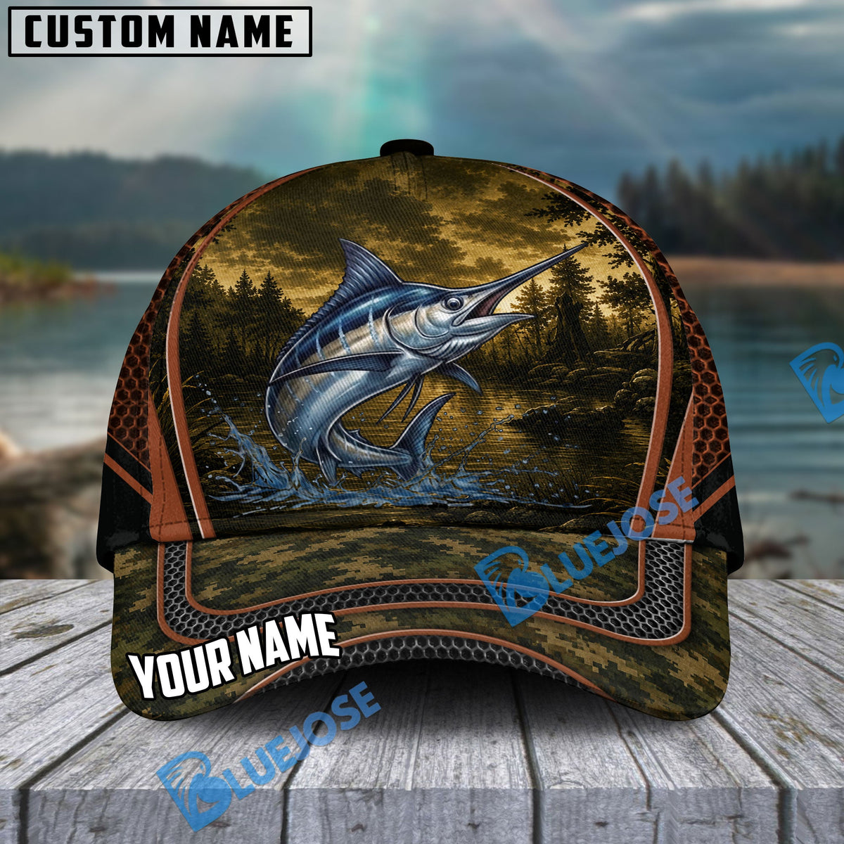 BlueJose Fishing Forest Camo Orange Trim Personalized Cap (13 Breeds)