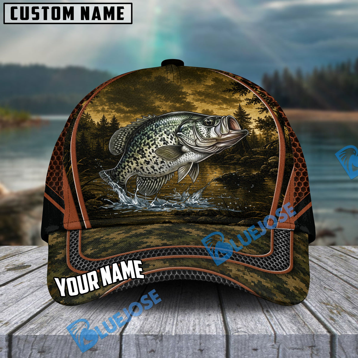 BlueJose Fishing Forest Camo Orange Trim Personalized Cap (13 Breeds)
