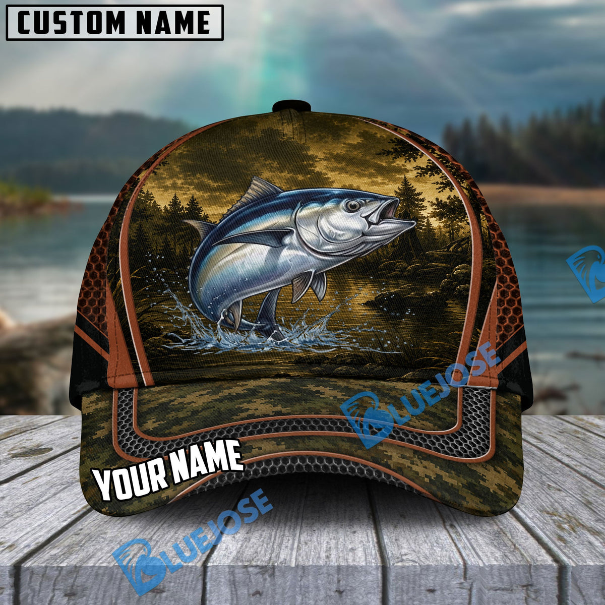 BlueJose Fishing Forest Camo Orange Trim Personalized Cap (13 Breeds)