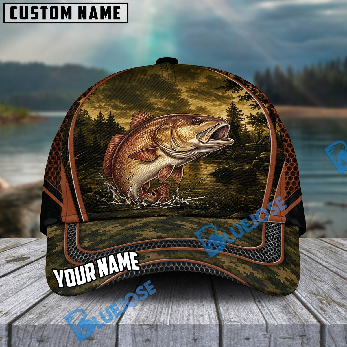 BlueJose Fishing Forest Camo Orange Trim Personalized Cap (13 Breeds)