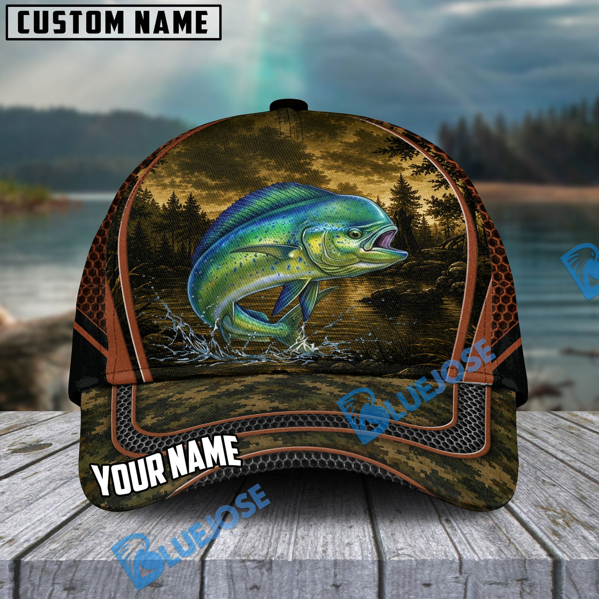 BlueJose Fishing Forest Camo Orange Trim Personalized Cap (13 Breeds)