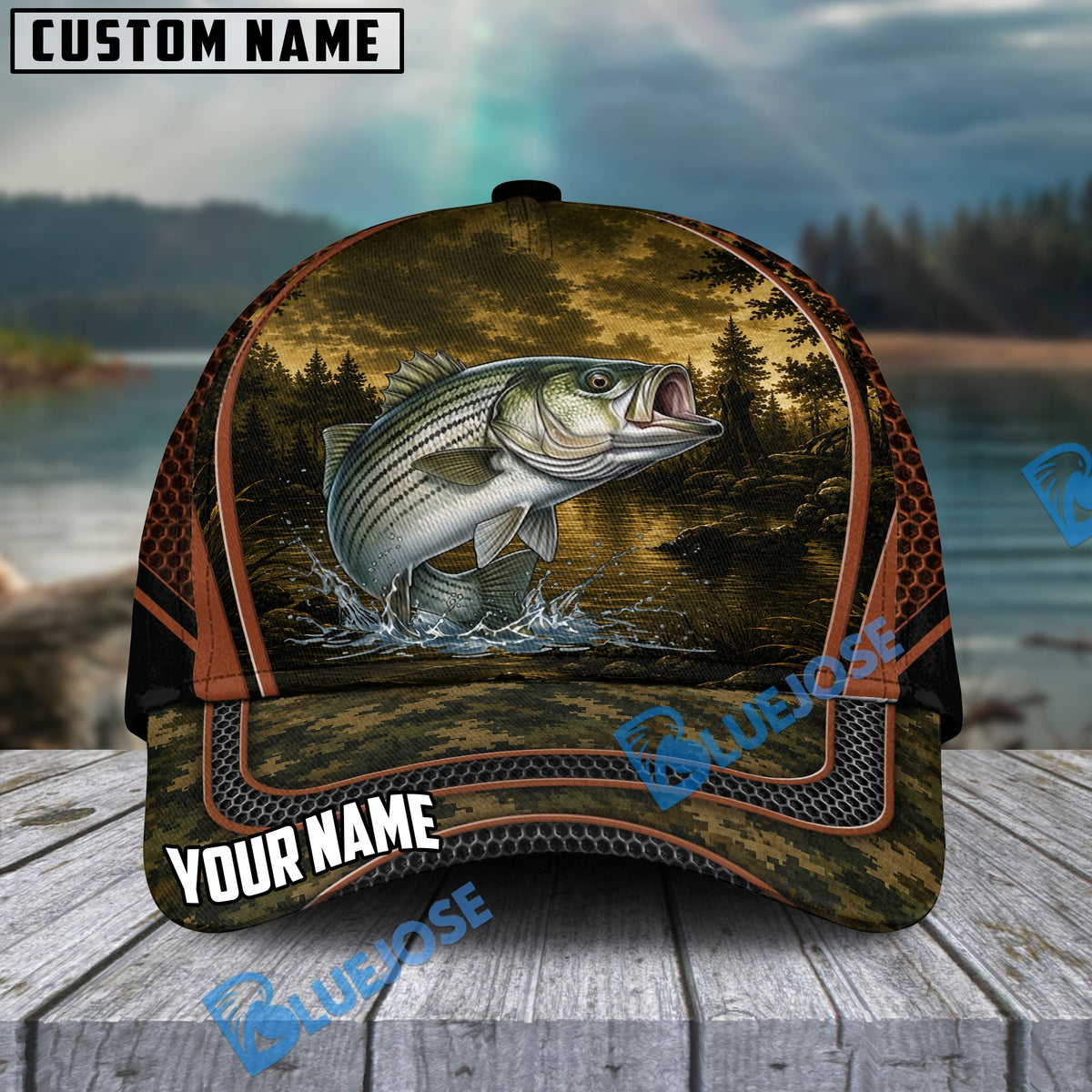 BlueJose Fishing Forest Camo Orange Trim Personalized Cap (13 Breeds)