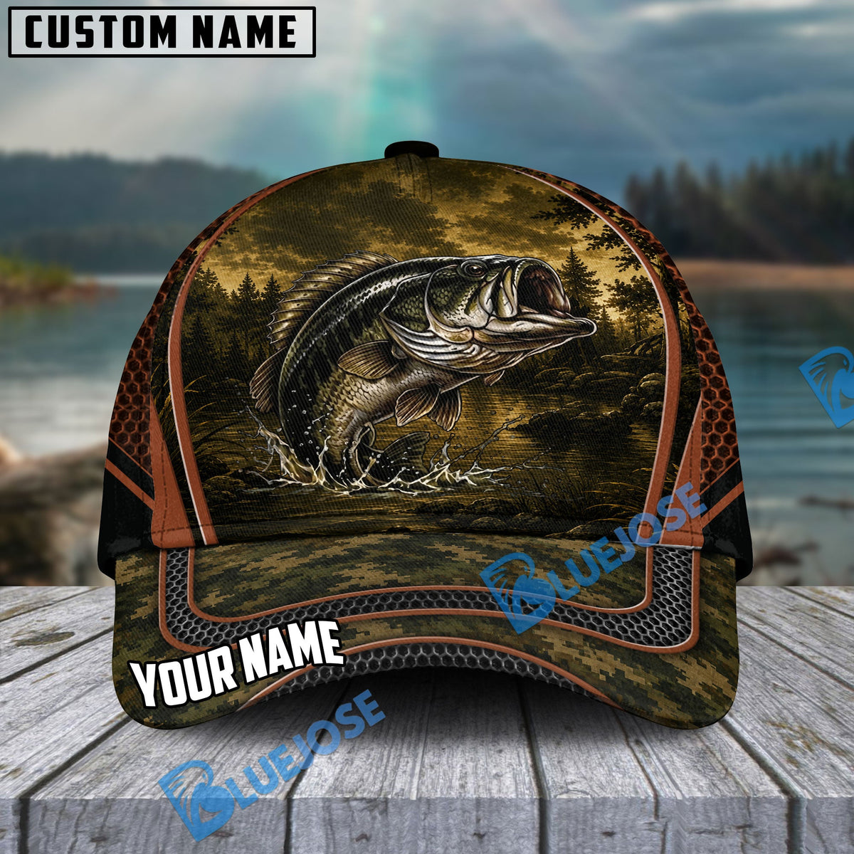 BlueJose Fishing Forest Camo Orange Trim Personalized Cap (13 Breeds)