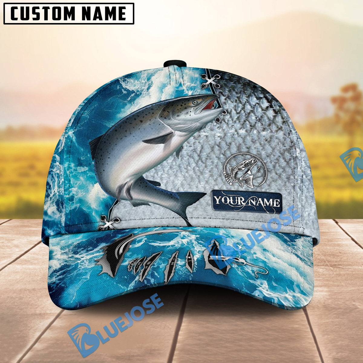 BlueJose Fishing Ocean Splash Fish Scale Personalized Cap (13 Breeds)