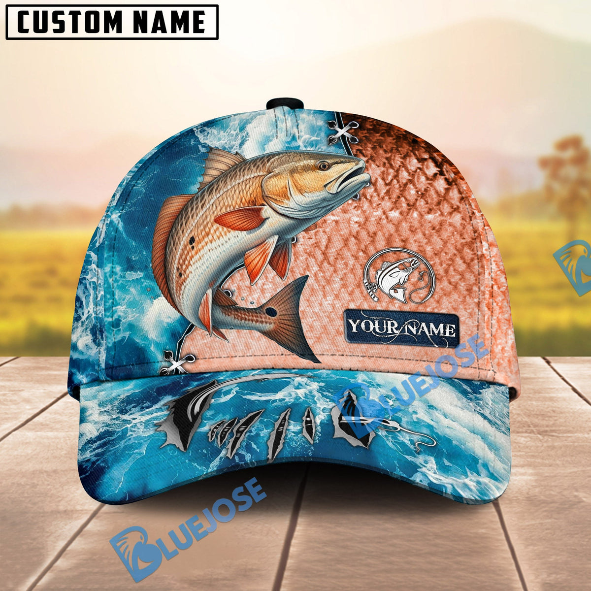 BlueJose Fishing Ocean Splash Fish Scale Personalized Cap (13 Breeds)