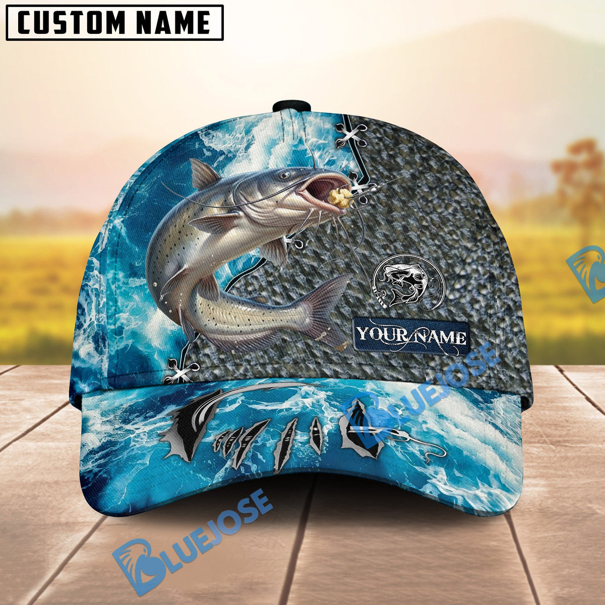 BlueJose Fishing Ocean Splash Fish Scale Personalized Cap (13 Breeds)