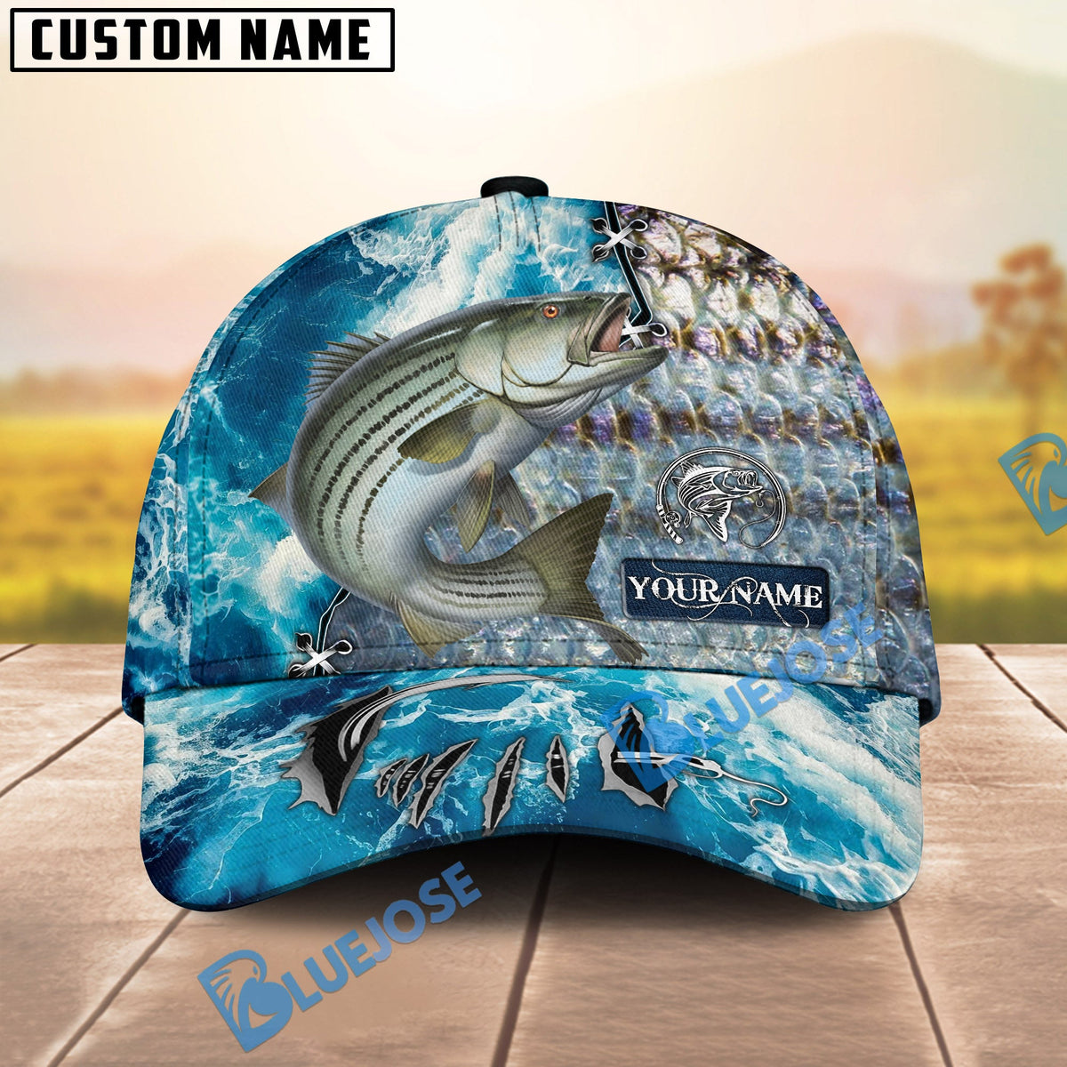BlueJose Fishing Ocean Splash Fish Scale Personalized Cap (13 Breeds)