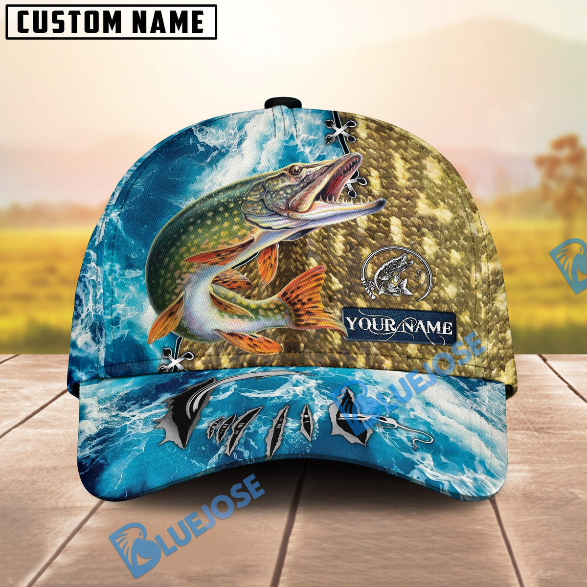BlueJose Fishing Ocean Splash Fish Scale Personalized Cap (13 Breeds)