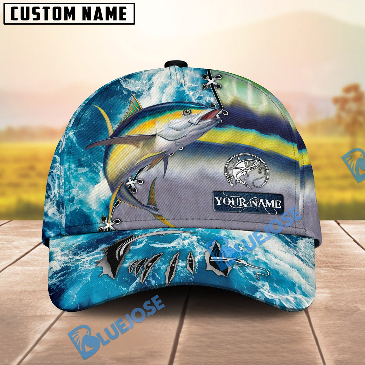 BlueJose Fishing Ocean Splash Fish Scale Personalized Cap (13 Breeds)