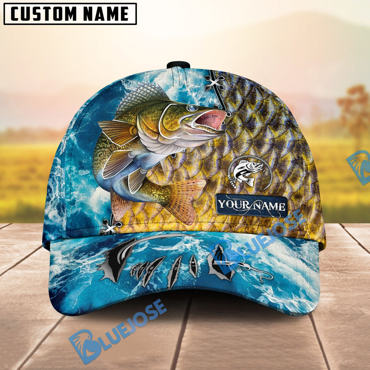 BlueJose Fishing Ocean Splash Fish Scale Personalized Cap (13 Breeds)