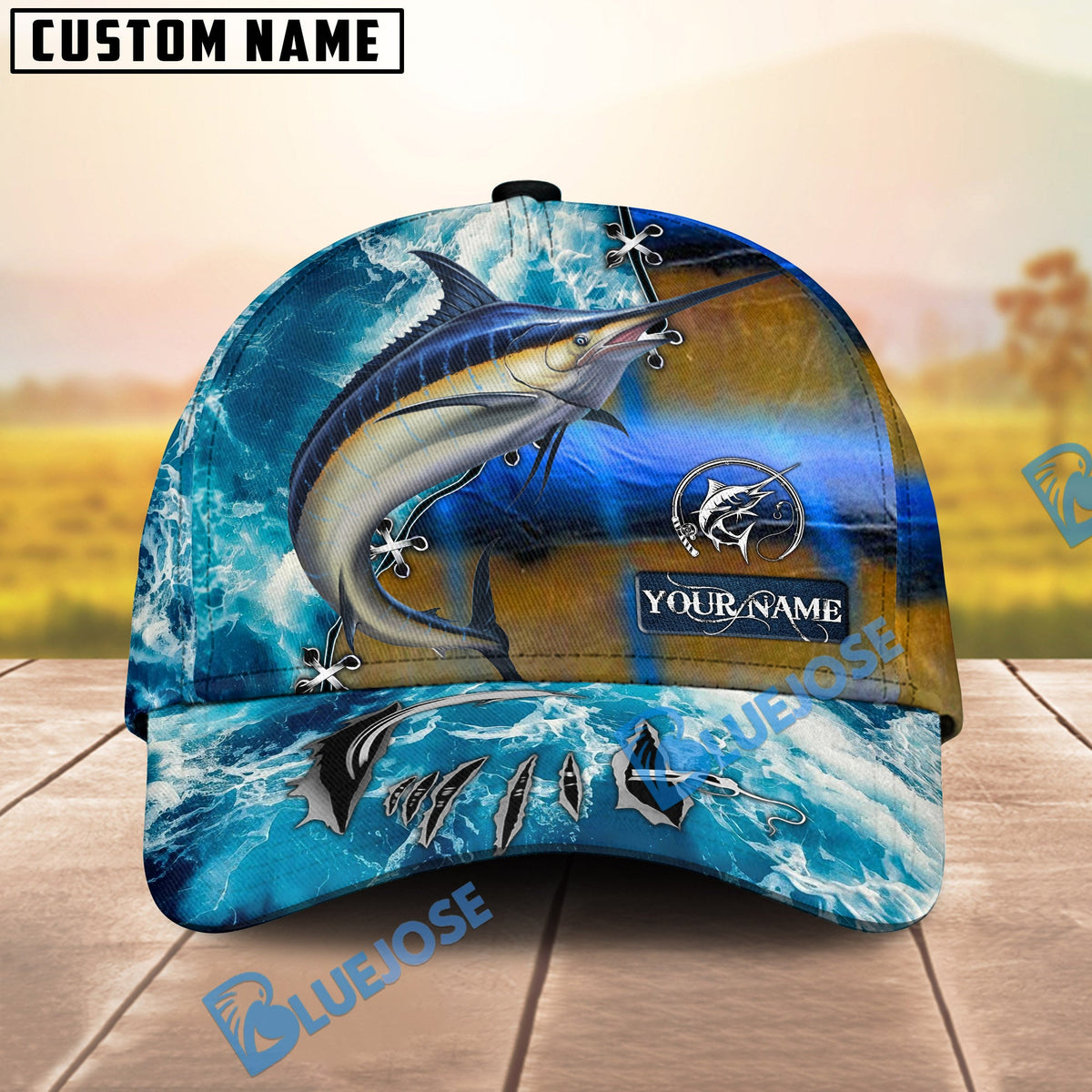 BlueJose Fishing Ocean Splash Fish Scale Personalized Cap (13 Breeds)