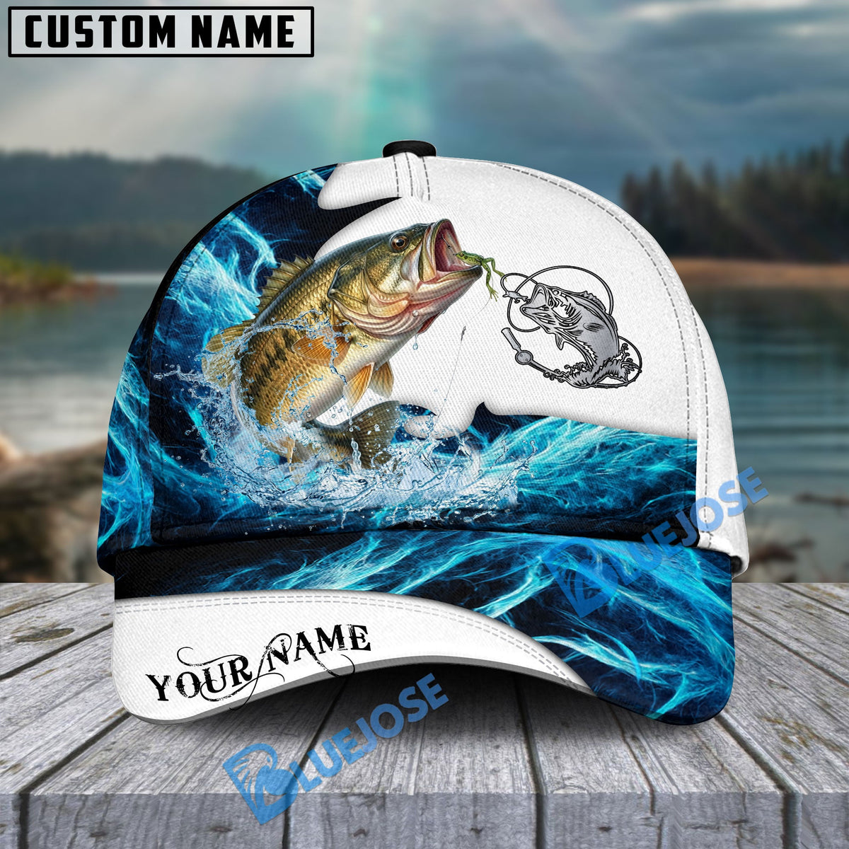 BlueJose Bass Fishing Water & White Personalized Cap