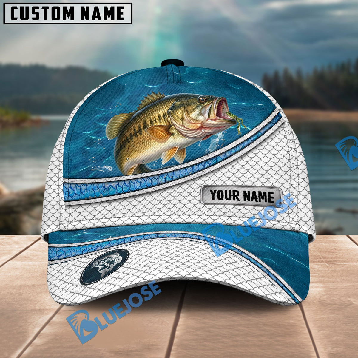 BlueJose Bass Fishing Blue Water Pattern Personalized Cap