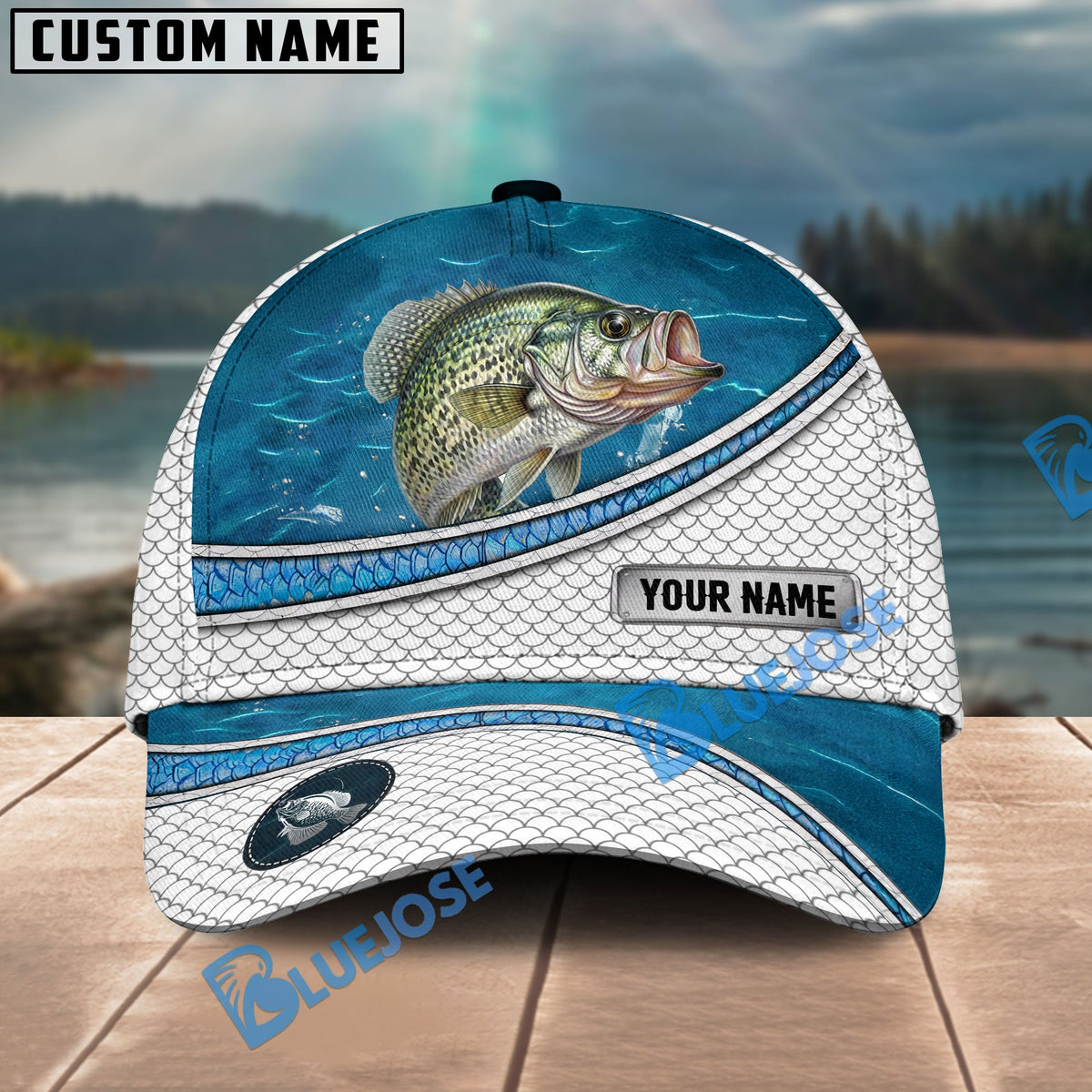 BlueJose Crappie Fishing Blue Water Pattern Personalized Cap