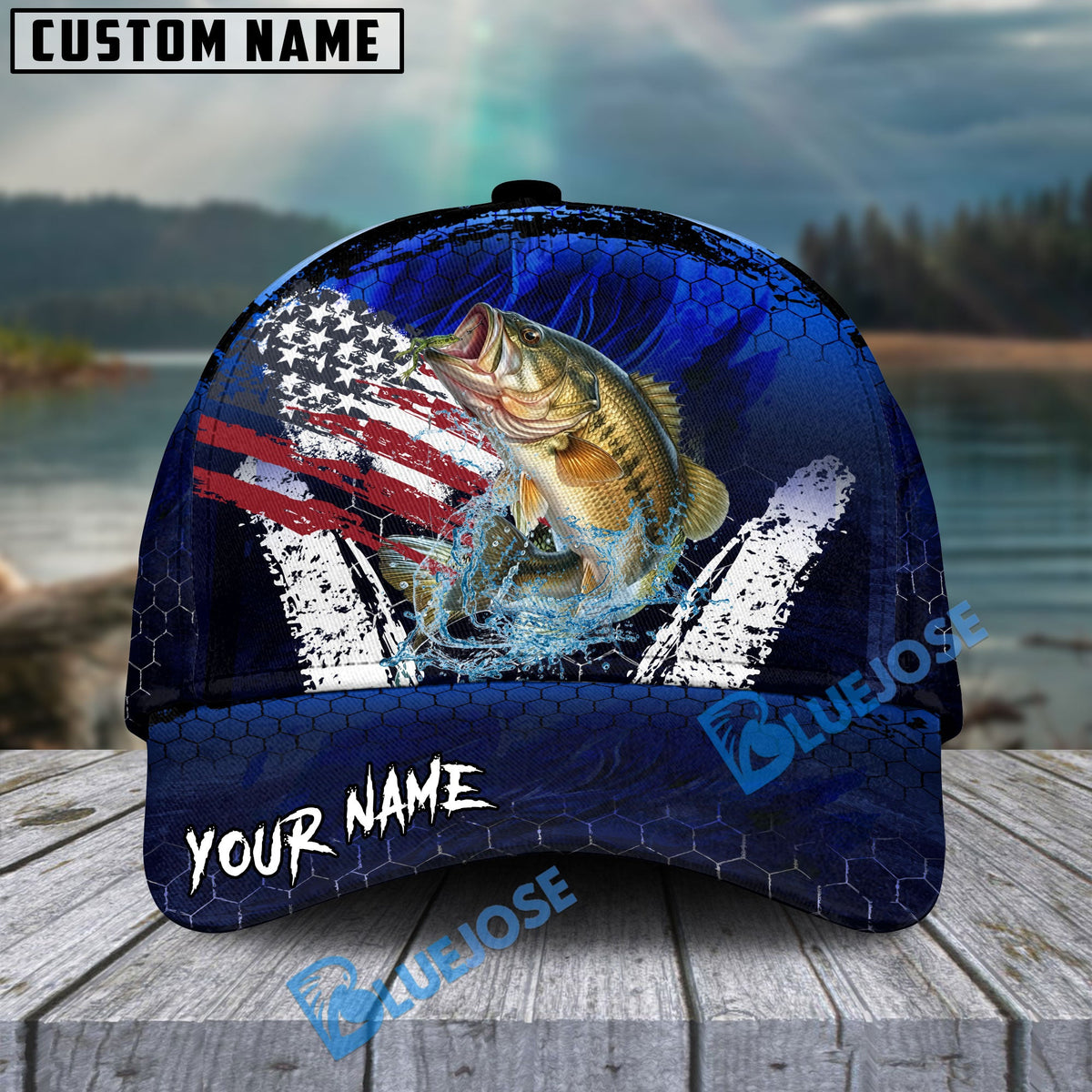 BlueJose Bass Fishing Dark Blue Scratch American Flag scratch Sport Personalized Cap