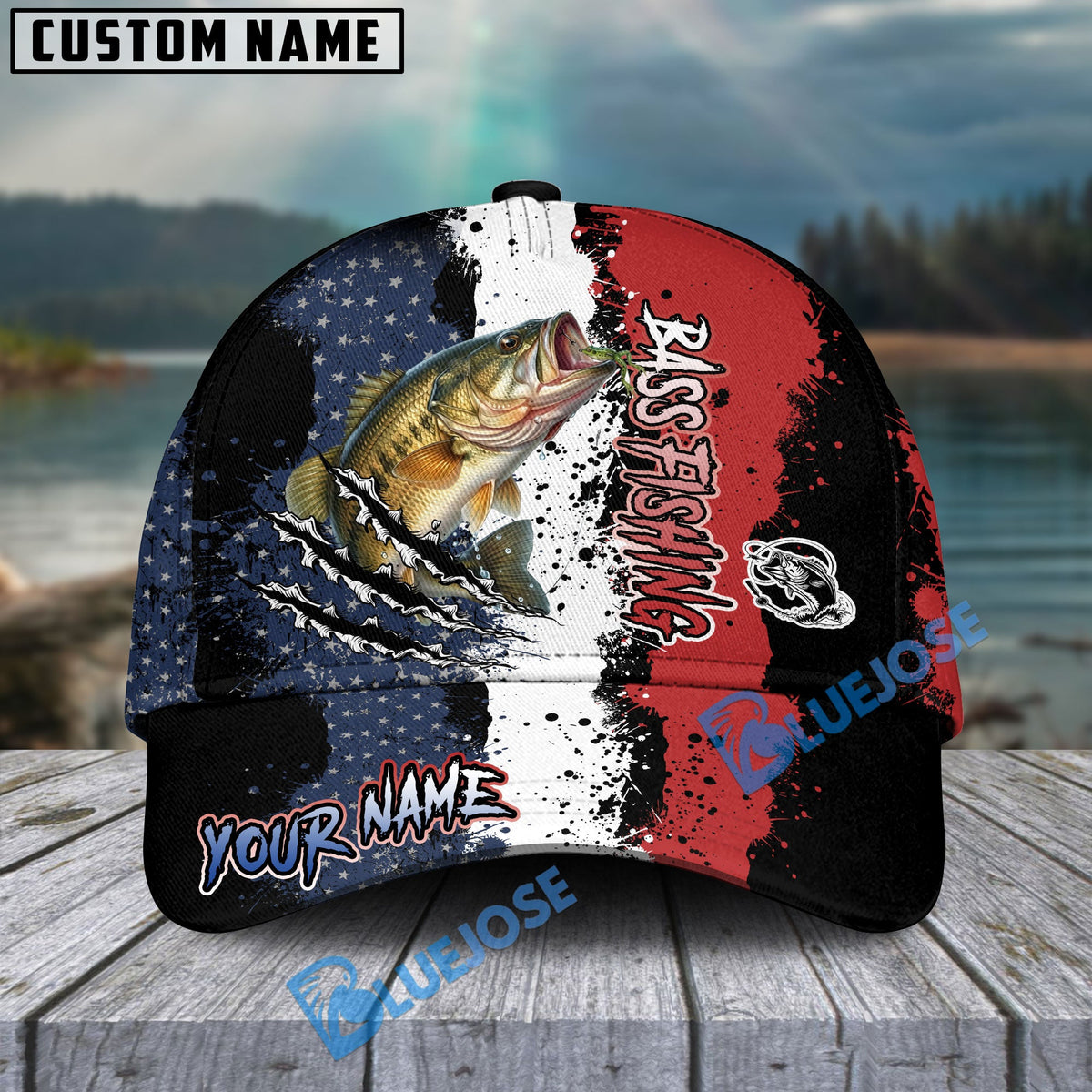 BlueJose Bass Fishing Paint Scratch American Flag scratch Sport Personalized Cap