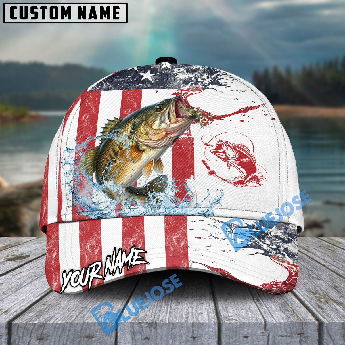 BlueJose Bass Fishing American Flag Red Blue Seawave Personalized Cap
