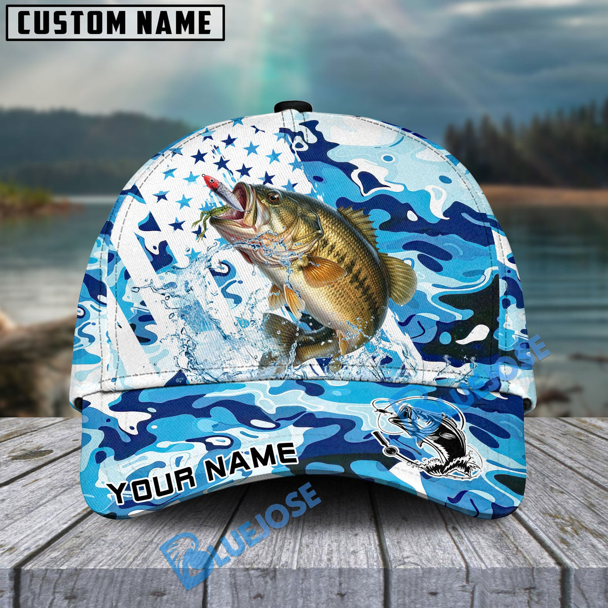 BlueJose Bass Fishing Blue White American Flag Personalized Cap