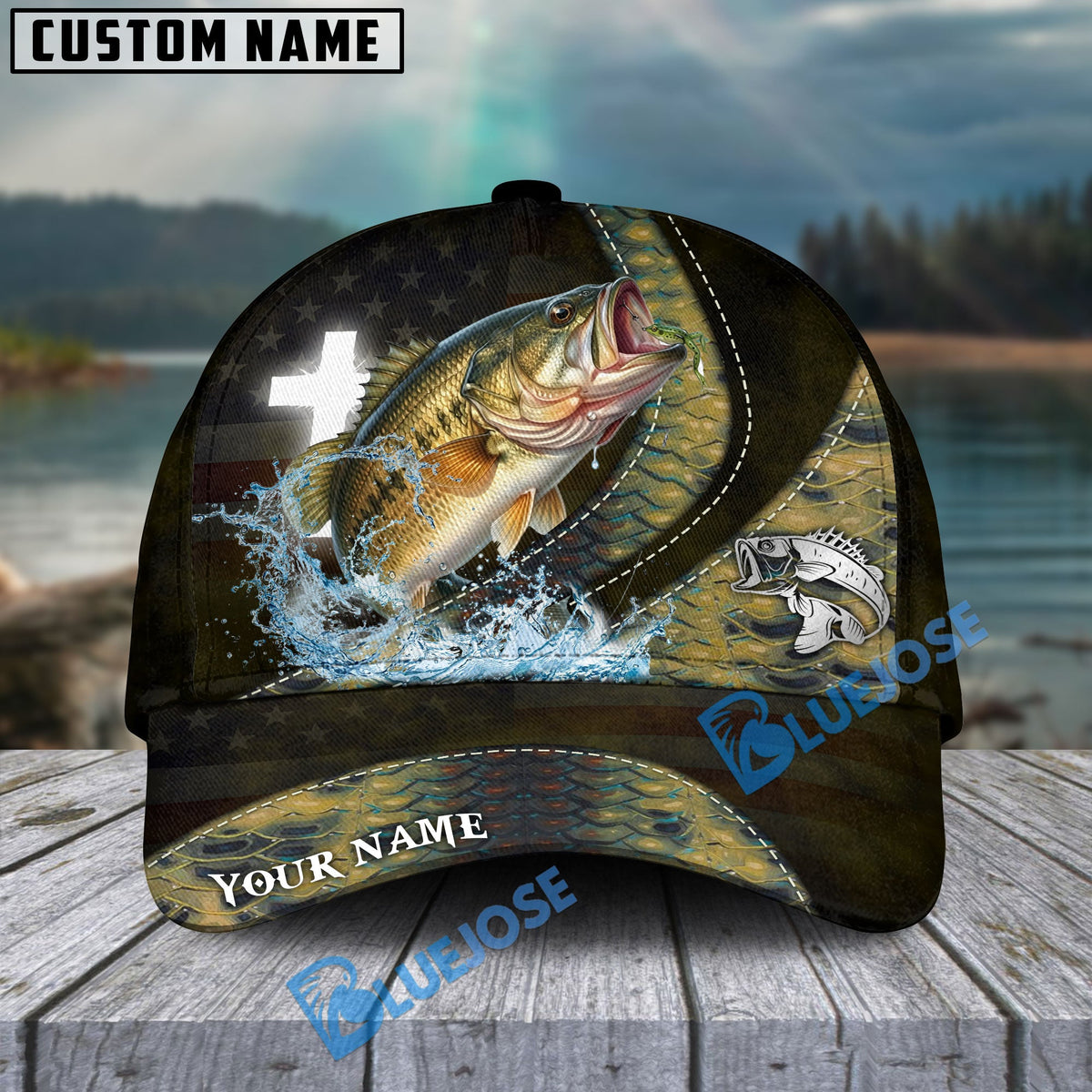 BlueJose Bass Fishing Cross American Skinfish Pattern Personalized Cap
