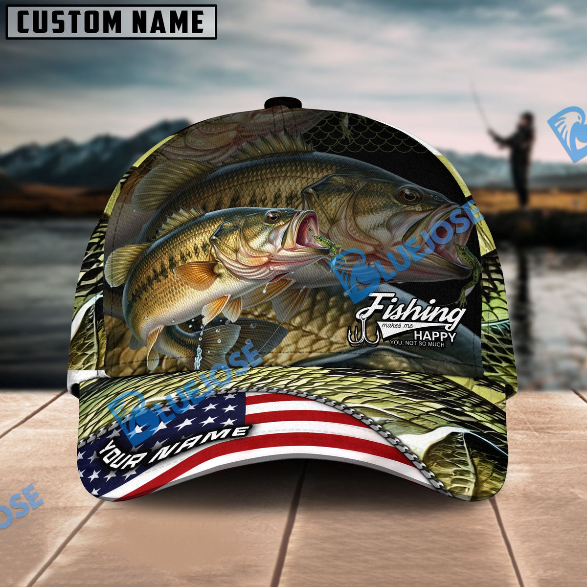 BlueJose Bass Fishing Skinfish Flag Of United States Pattern Personalized Cap