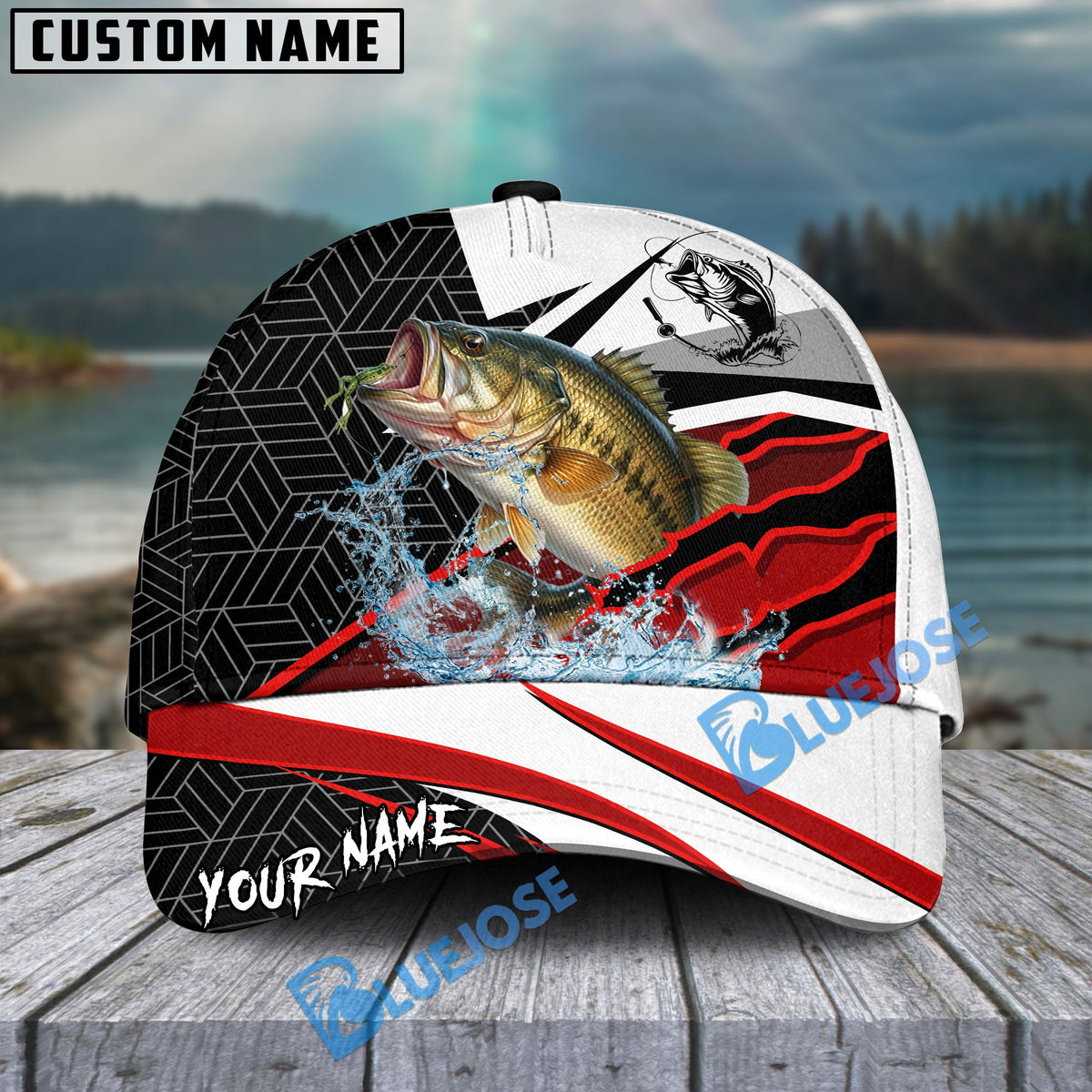 BlueJose Bass Fishing Red White Scratch Sport Personalized Cap