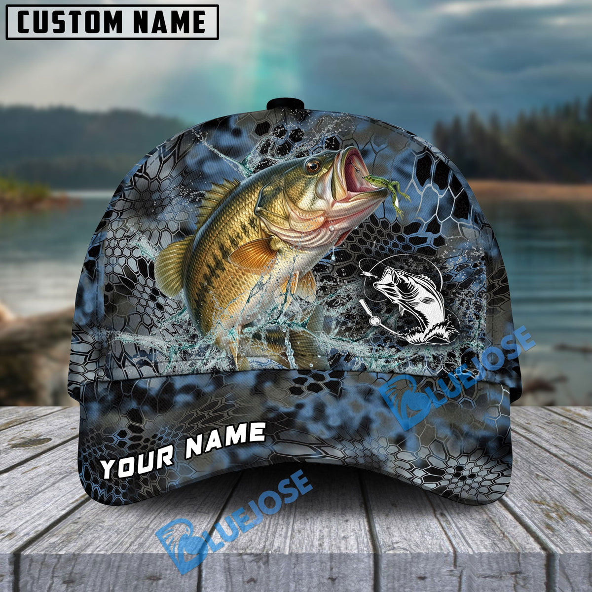 BlueJose Bass Fishing Blue Kryptek Camo Personalized Cap