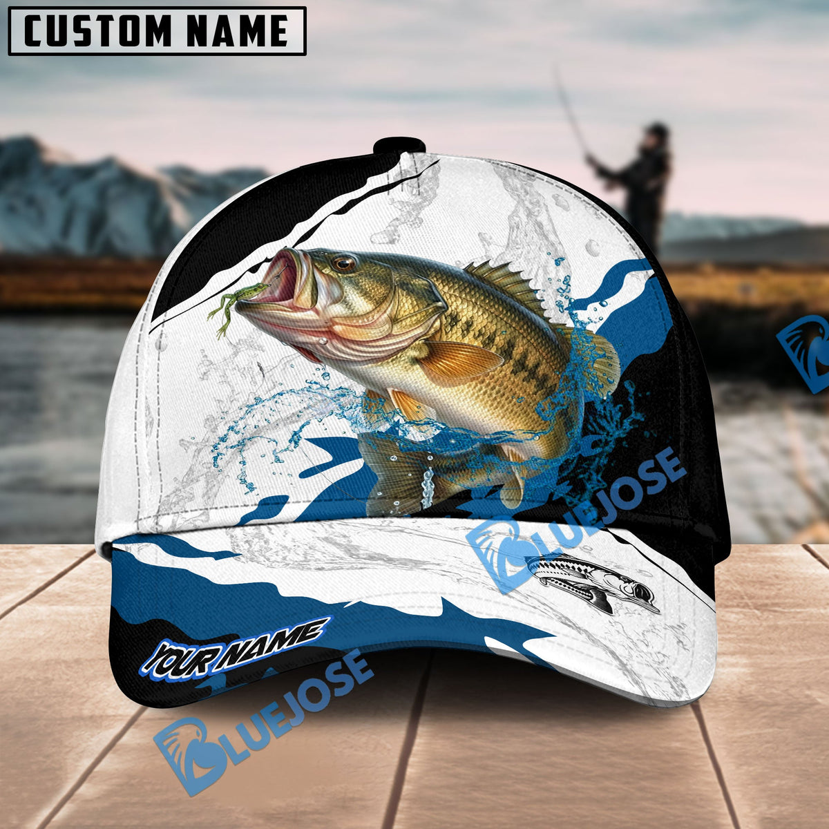 BlueJose Bass Fishing Black White Water Flow Personalized Cap