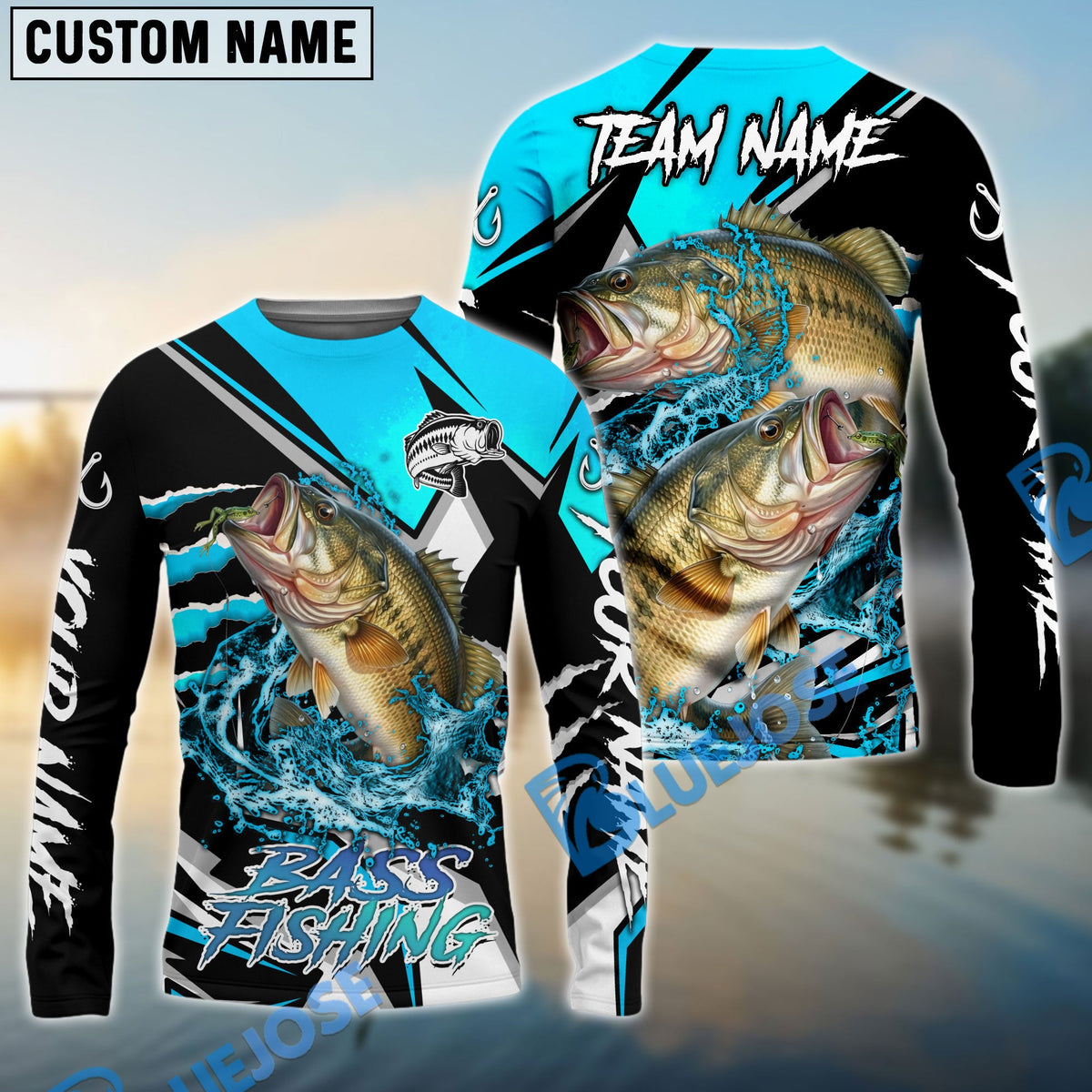 BlueJose Bass Fishing Black Blue Scratch Sport Custom Name & Team Name 3D Shirts