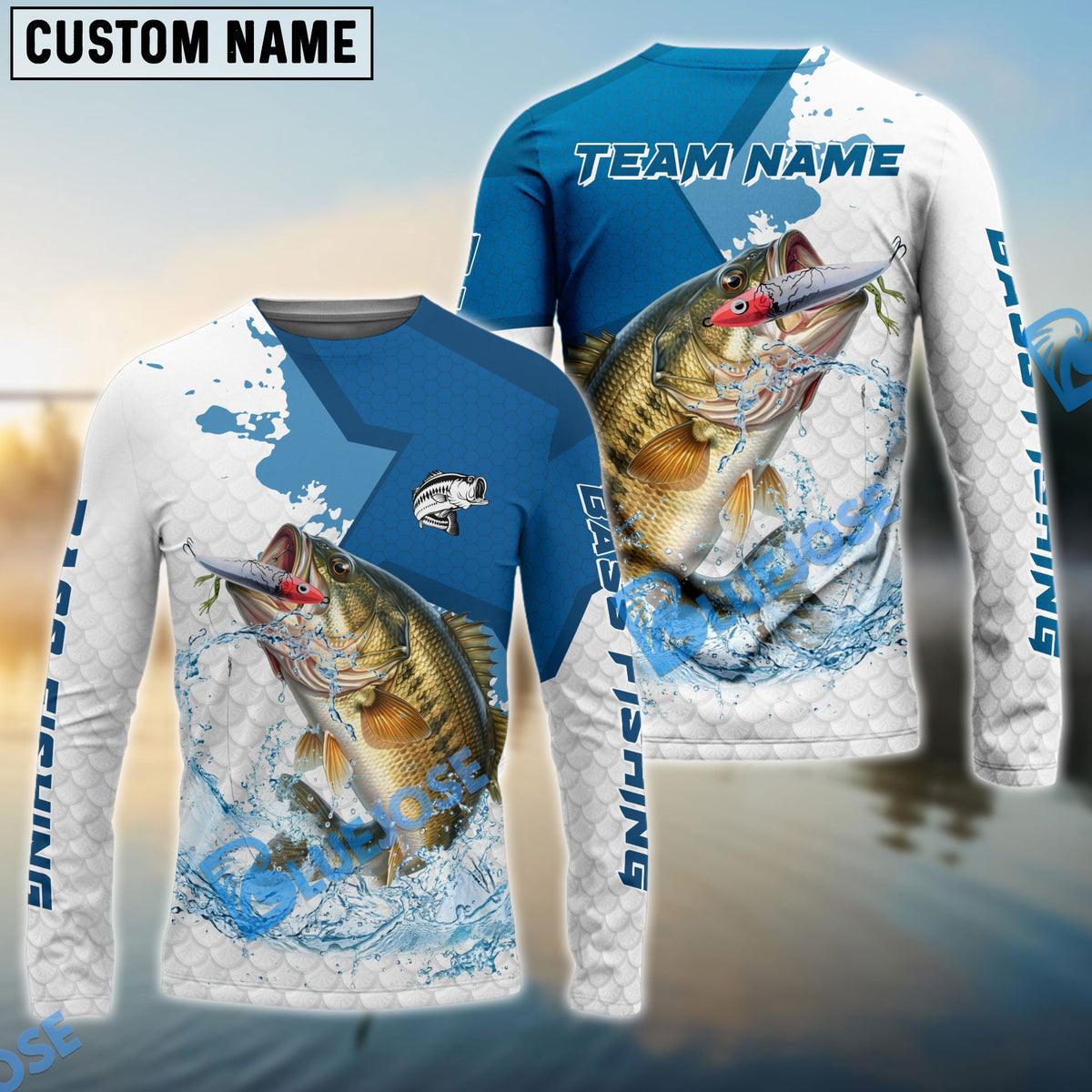 BlueJose Bass Fishing White Fin Blue Paint Sport Custom Name & Team Name 3D Shirts