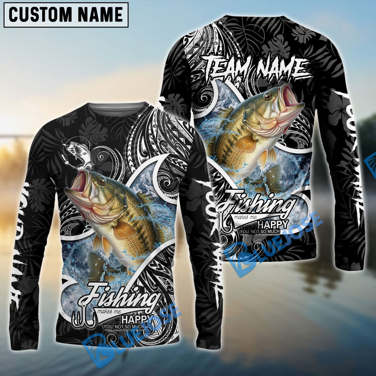 BlueJose Bass Fishing Black White Maori Custom Name & Team Name 3D Shirts