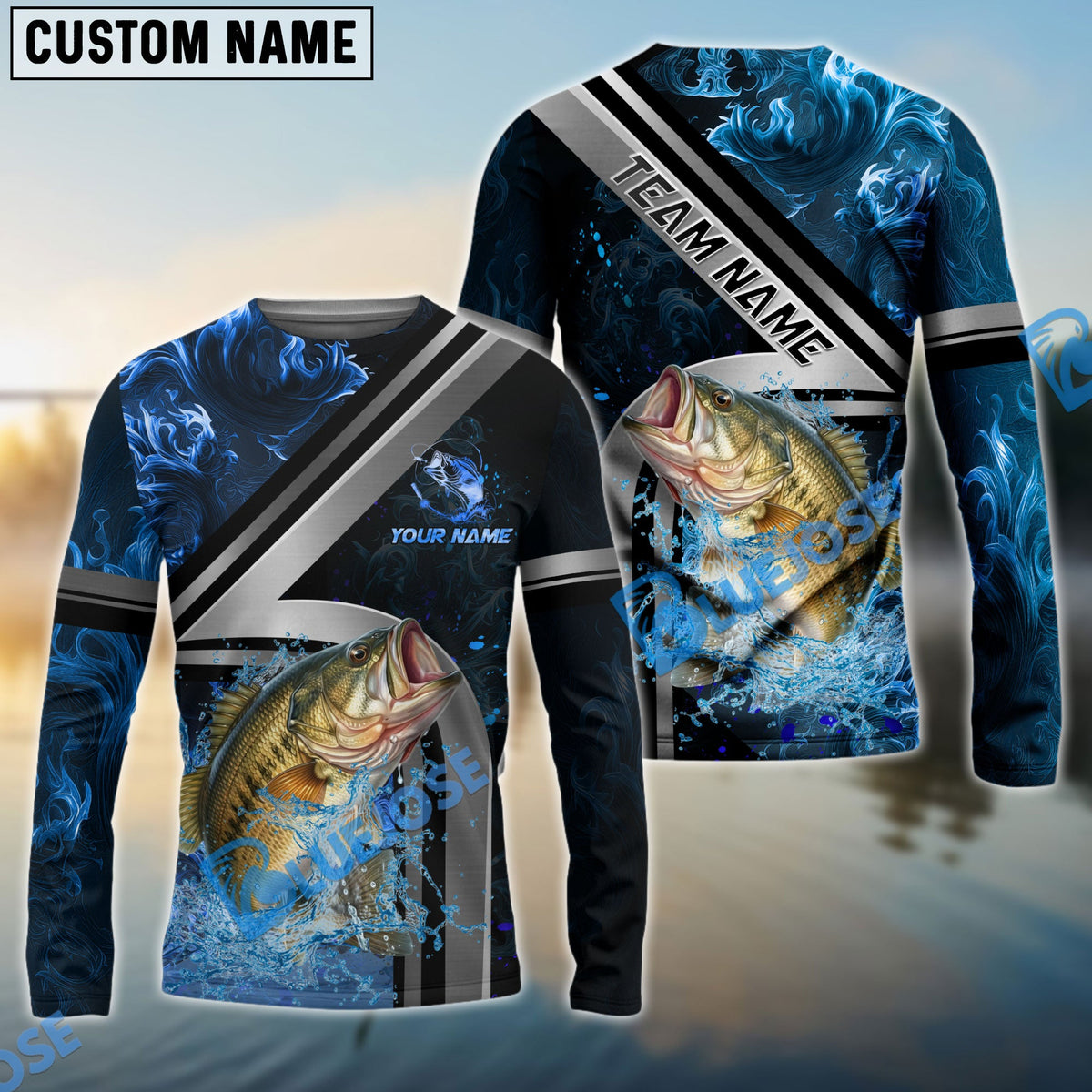 BlueJose Bass Fishing Ocean Wave Power Custom Name & Team Name 3D Shirts
