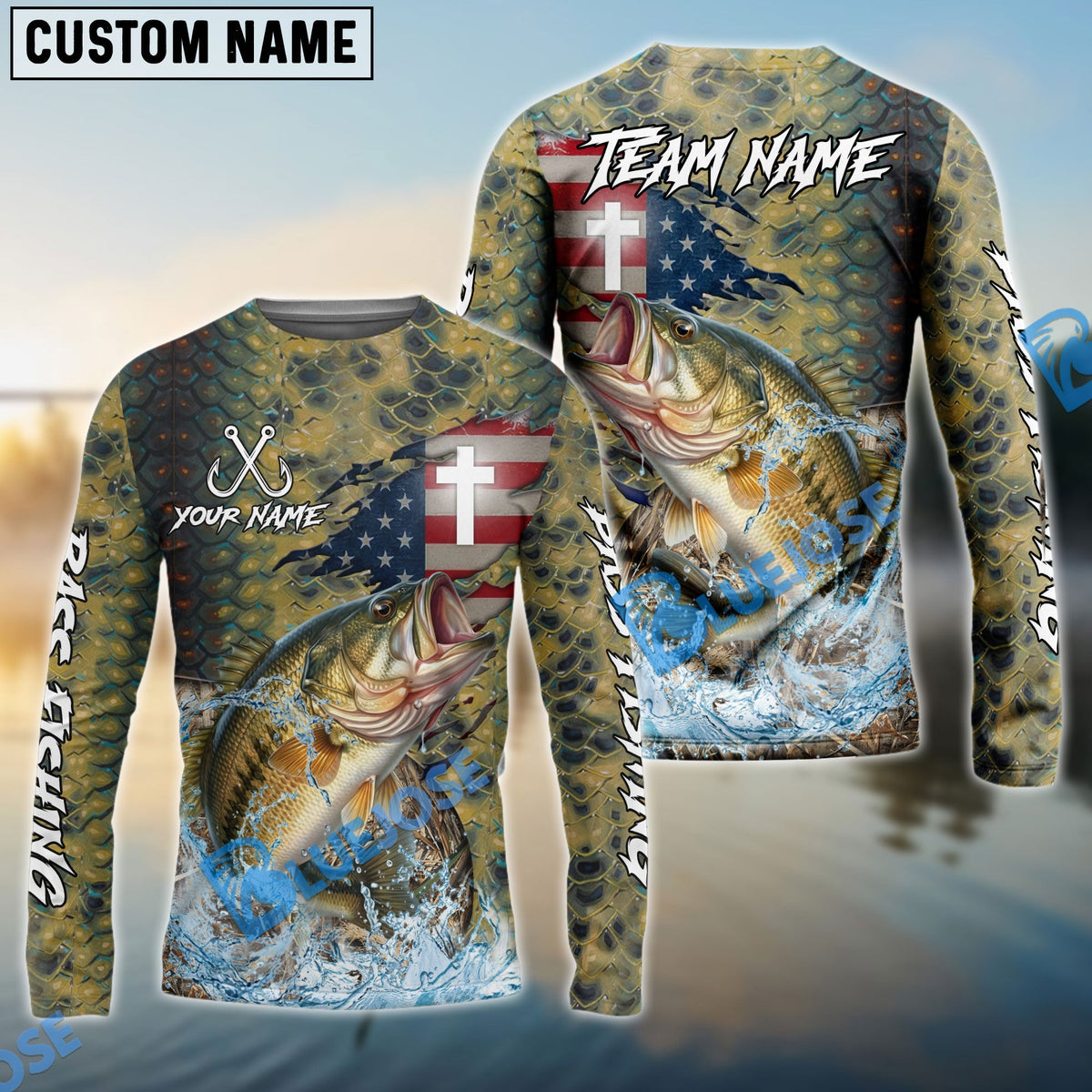 BlueJose Bass Fishing American Flag Camo Cross Skin Custom Name & Team Name 3D Shirts