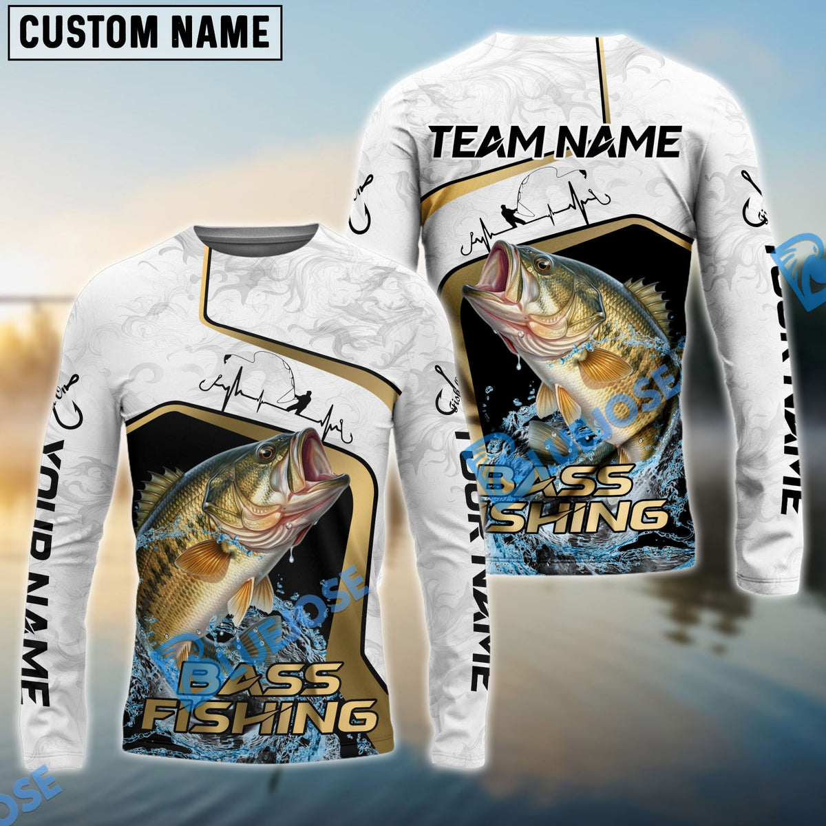 BlueJose Bass Fishing White Marble & Gold Trim Splash Heartbeat Line Custom Name & Team Name 3D Shirts