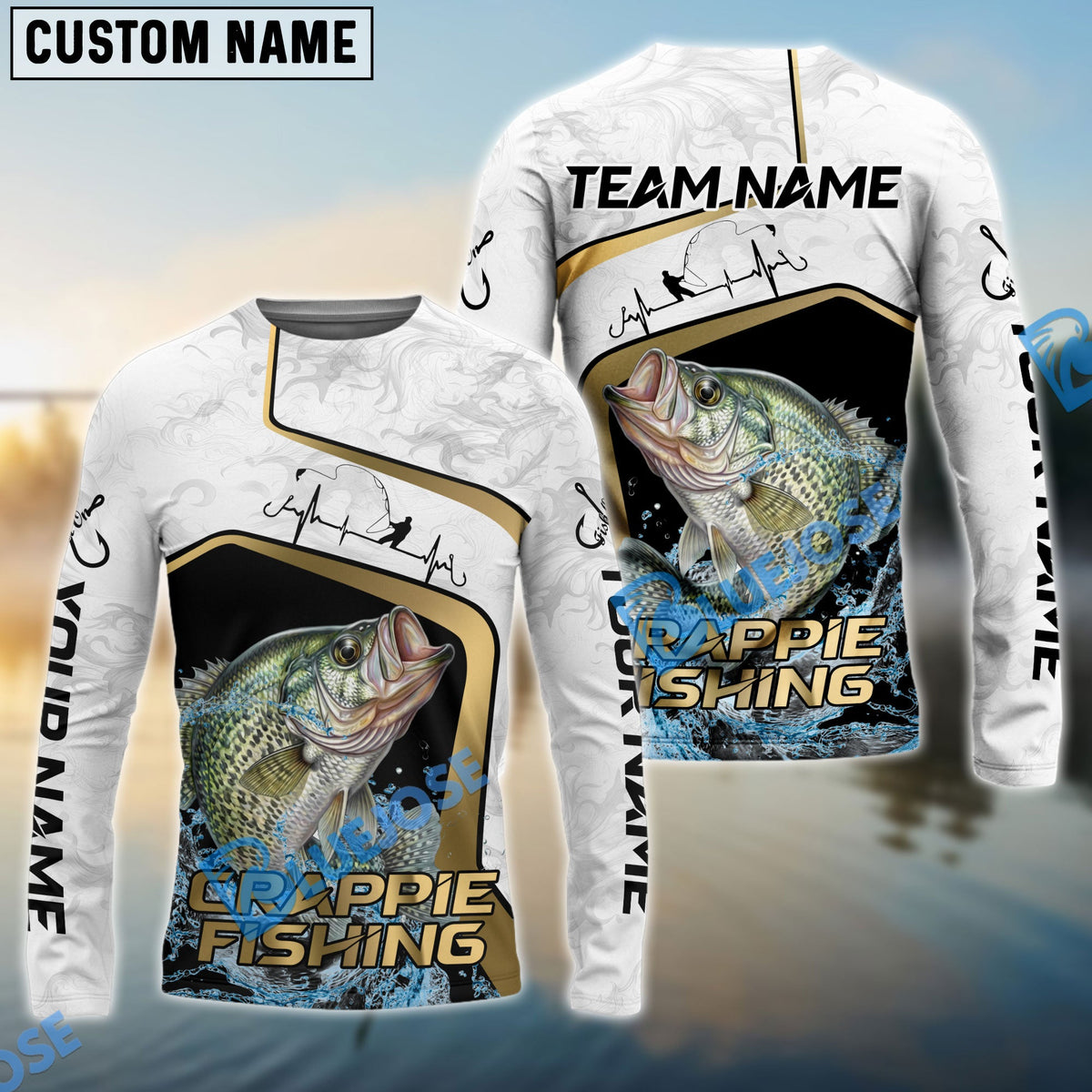 BlueJose Crappie Fishing White Marble & Gold Trim Splash Heartbeat Line Custom Name & Team Name 3D Shirts
