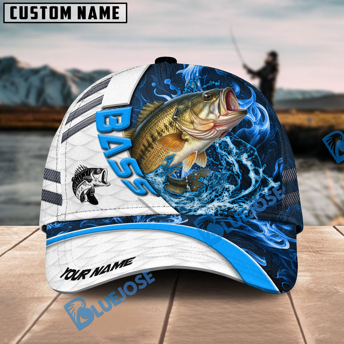 BlueJose Bass Fishing White Blue Lava Sport Personalized Cap