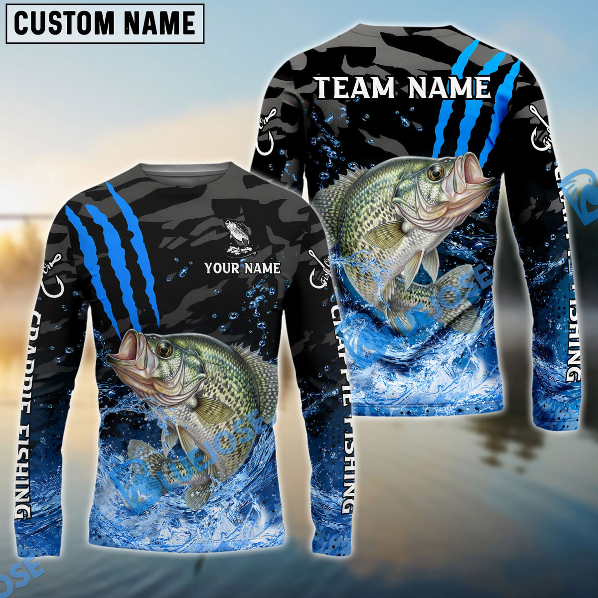 BlueJose Crappie Fishing Blue Scratch Camo Water Splash Custom Name & Team Name 3D Shirts