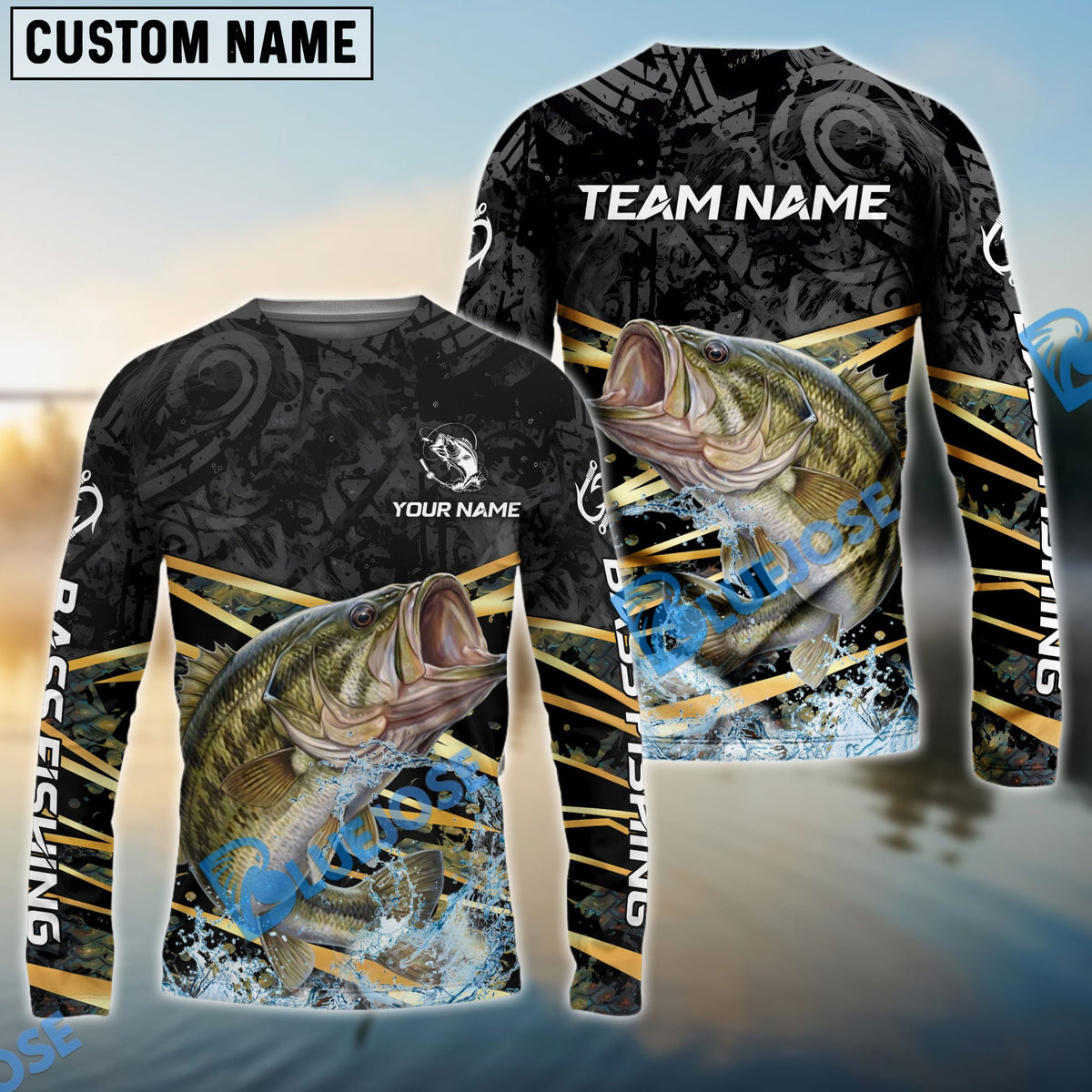 BlueJose Bass Fishing Black Gold Splash Dynamic Pattern Custom Name & Team Name 3D Shirts