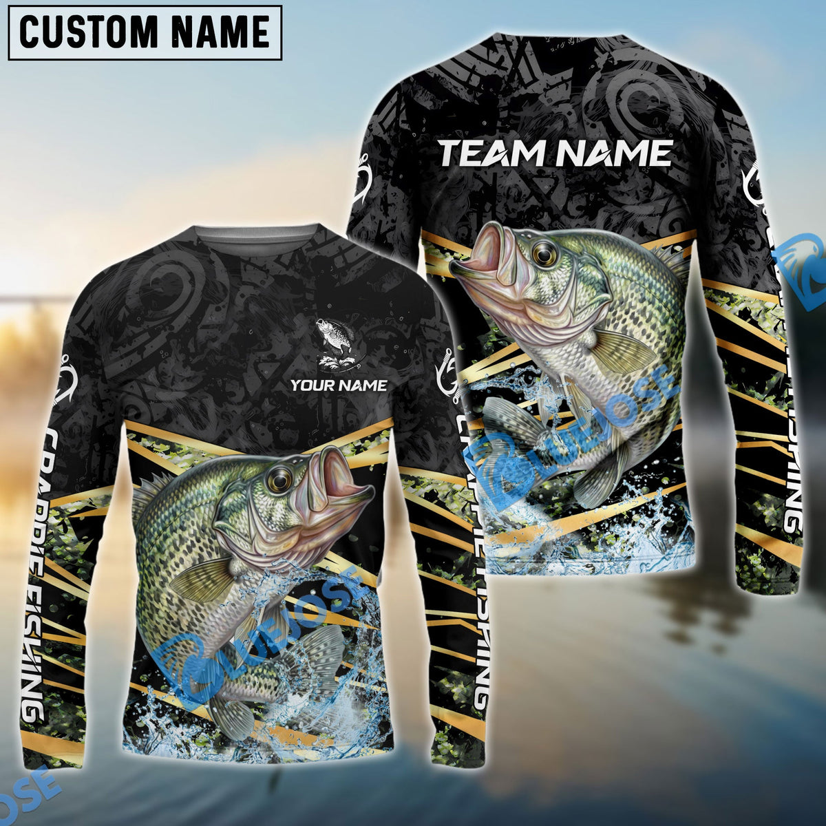 BlueJose Crappie Fishing Black Gold Splash Dynamic Pattern Custom Name & Team Name 3D Shirts