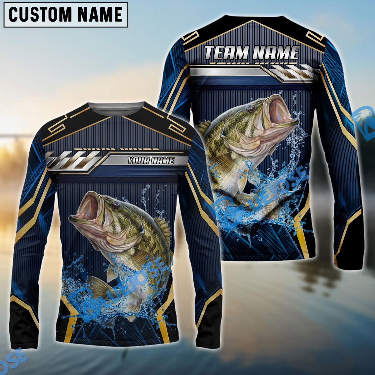 BlueJose Bass Fishing Black Gold Geometric Custom Name & Team Name 3D Shirts
