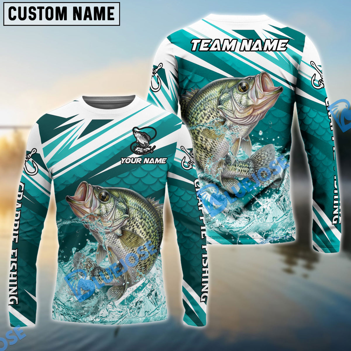 BlueJose Crappie Fishing Cyan Scale Pattern Splash Water Custom Name & Team Name 3D Shirts